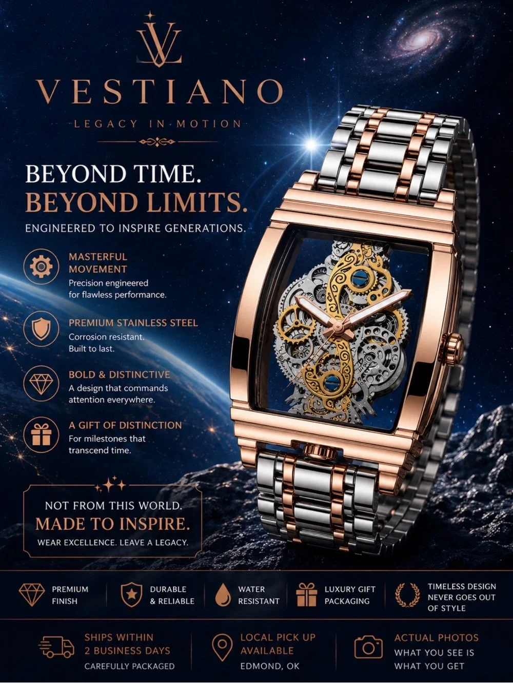 Vesti Rose Gold and Silver Skeleton Mechanical Watch